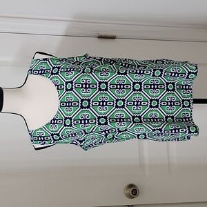 Macbeth Size L Green Blue White Patterned Sleeveless Button Back Blouse, NWOT